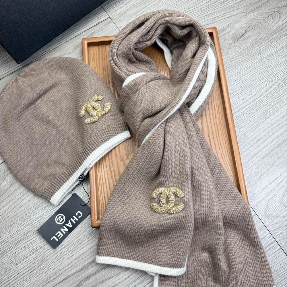 Chanel Taupe Knit Scarf and Beanie Set with White Trim